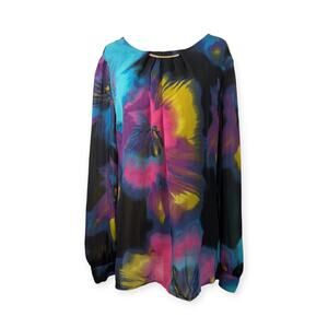 Worthington Semi Sheer Top Size M Black Colorful Floral Flowing